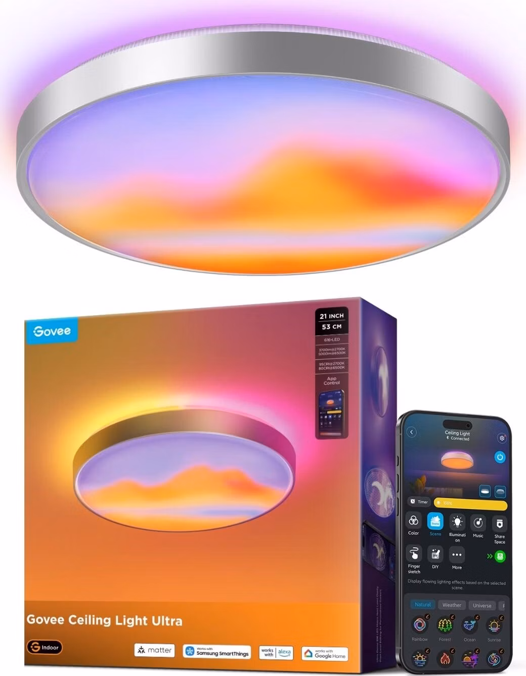 Govee Ultra RGBICWW Smart duální kulaté stropní světlo 5000lm 53cm Matter