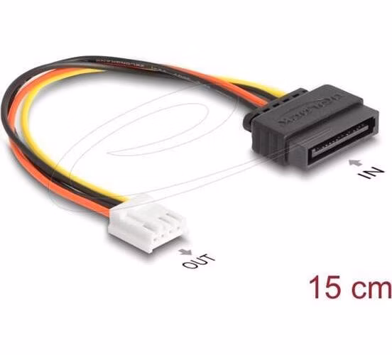 Delock Napájecí kabel SATA, z 15 pinové zástrčky na 1 x 4 pinovou zásuvku disketové mechaniky floppy, 15 cm