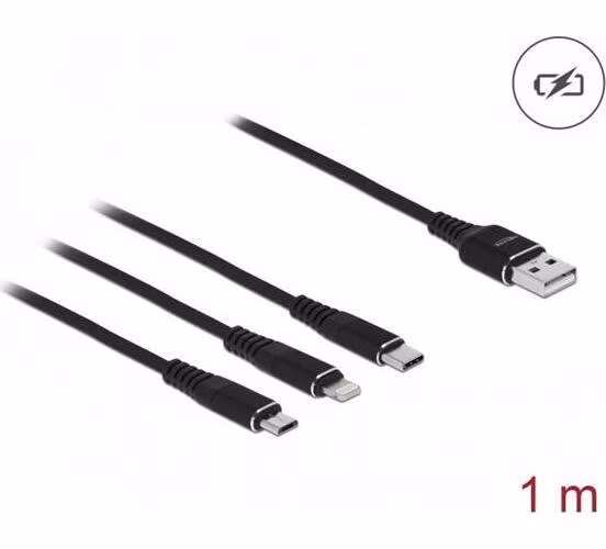 Delock Nabíjecí kabel USB 3 v 1 pro Lightning™ / Micro USB / USB Type-C™, 1 m černá