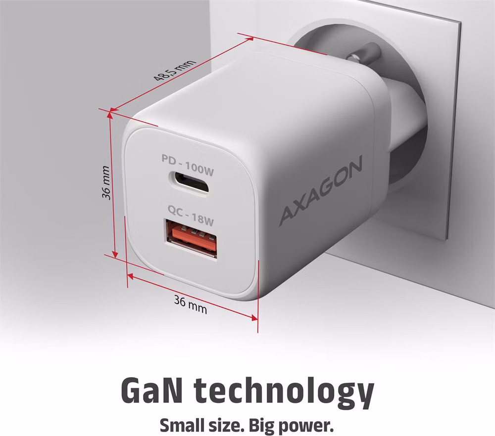 AXAGON ACU-PQ100W, GaN nabíjačka do siete 100W, USB-A+USB-C, PD3.0/PPS/QC4+/SFC2.0/Apple, biela