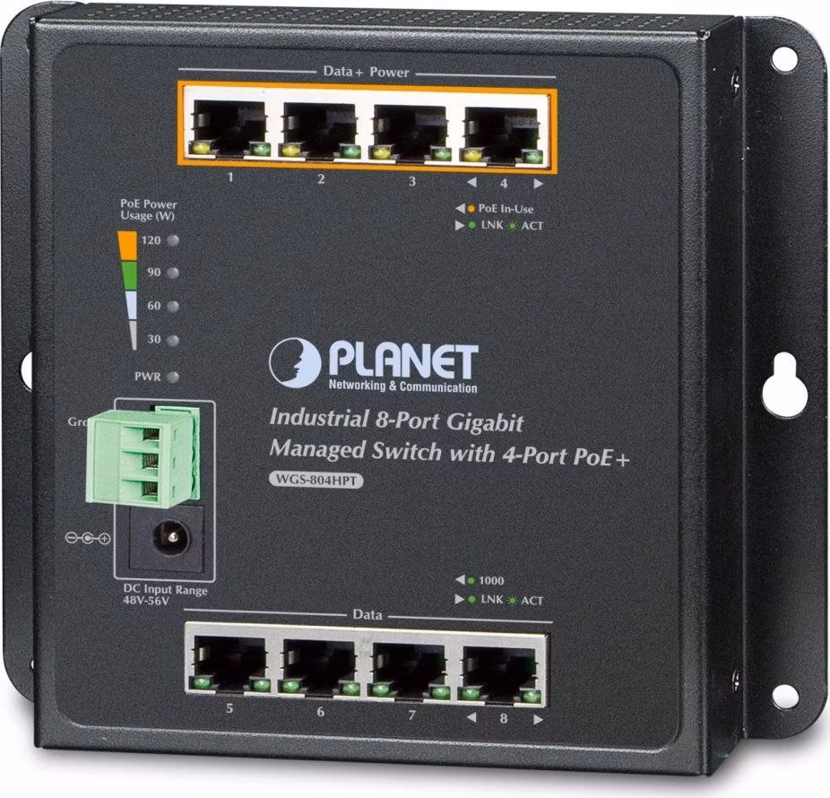 Planet WGS-804HPT plochý L2 switch, 8x1Gb, 4x PoE 802.3at 144W, 48-54VDC, -40~75°C, IP30, fanless