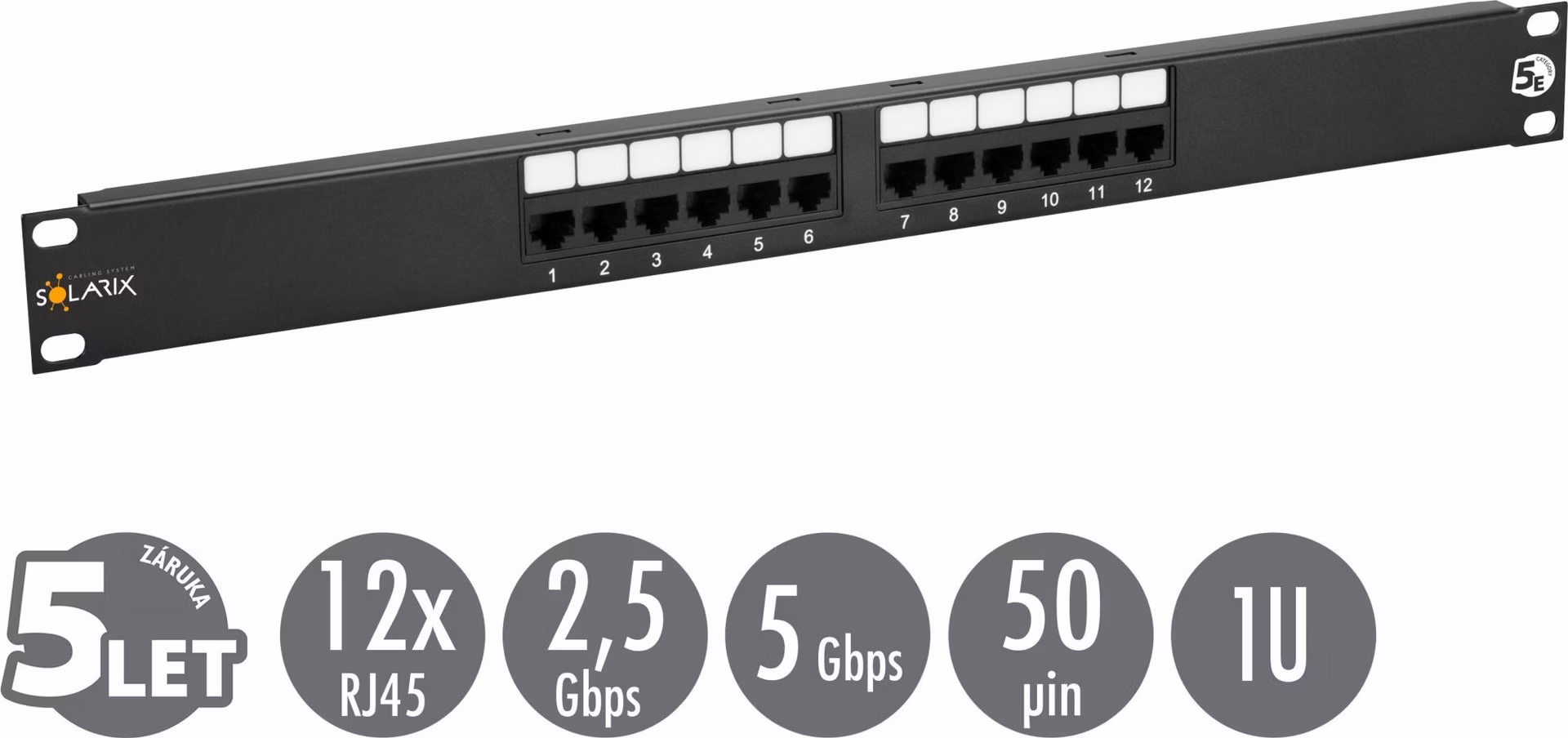 19" patch panel Solarix 12 x RJ45 CAT5E UTP 150 MHz čierny 1U SX12-5E-UTP-BK