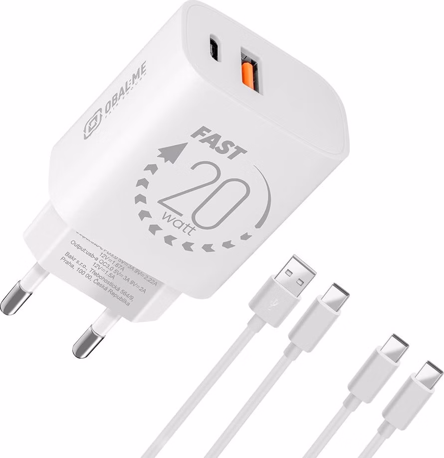 OBAL:ME Cestovná Nabíjačka USB-A + USB-C 20W + 2x kábel 1m White