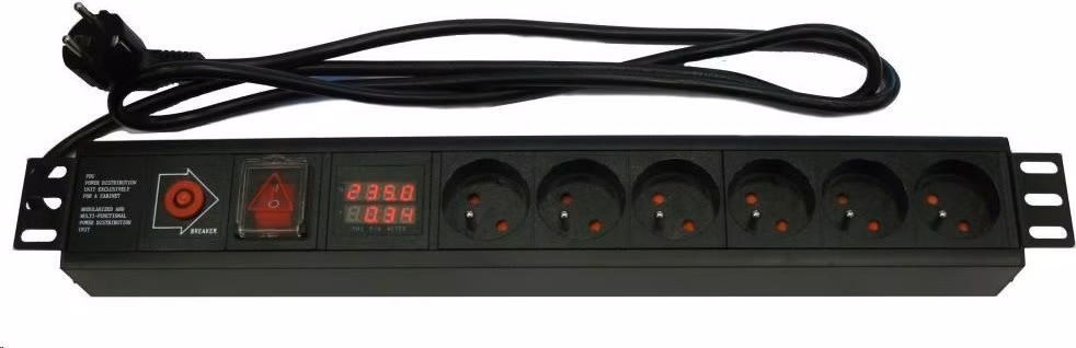 19'' rozvodný panel XtendLan 6x 230V, ČSN, vypínač, nadproudová ochrana, měření spotřeby, kabel 1,8m, 1,5U