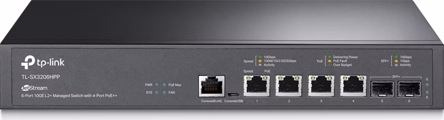 Omada 4-Port PoE++ 10GBase-T L2+ Managed Switch with 2 10GE SFP+ Slots PORT: 4× 10G PoE++ Ports, 2× 10G SFP+ Slots, RJ45