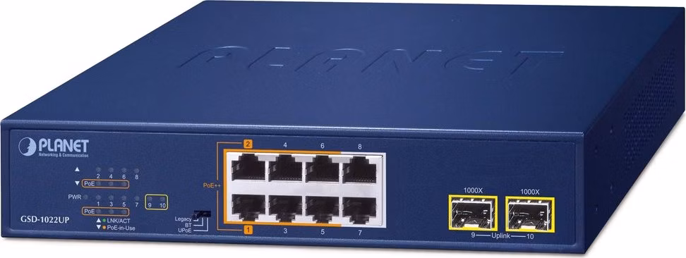 Planet PoE switch 8x1Gb + 2xSFP 1Gb, PoE 180W, 2x 802.3bt + 4x 802.3at