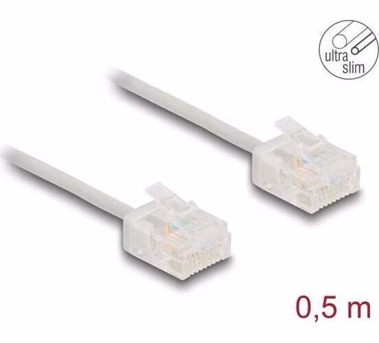 Delock Síťový kabel rozhraní RJ45 Cat.6, UTP Ultra Slim, 0,5 m, šedá s krátkými zástrčkami