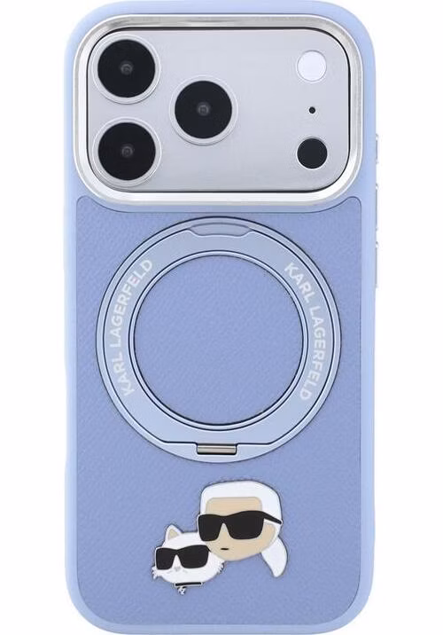 Karl Lagerfeld PU Grained K&amp;CH Heads Ring Stand Magsafe kryt iPhone 18 Pro modrý