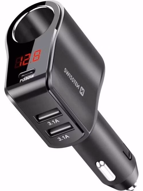 SWISSTEN AUTOADAPTÉR S VÝSTUPEM 1x CL, 1x UCB-C PD a 2x USB-A, 108W - 216W