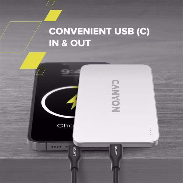 Canyon OnCharge 503, Powerbank, 3 000 mAh,in: USB-C 10W,out: USB-C 10W+Wireless 7.5W, ultratenká, hliníková, strieborná