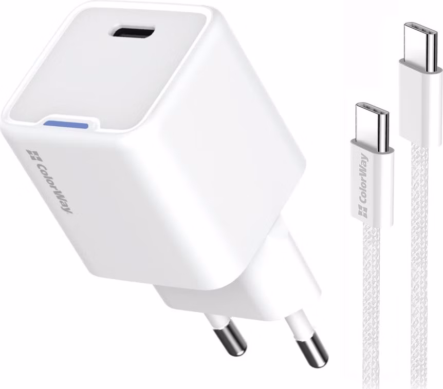 COLORWAY 1x USB-C/ síťová nabíječka/ GaN/ PD/ PPS/ 30W/ Včetně 100cm kabelu/ Bílá