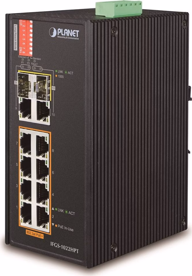 Planet IFGS-1022HPT průmyslový PoE switch, 8x100Mb + 2x1Gb/SFP, PoE 802.3at 30/240W, -40až75°C, dual 48-54VDC, IP30