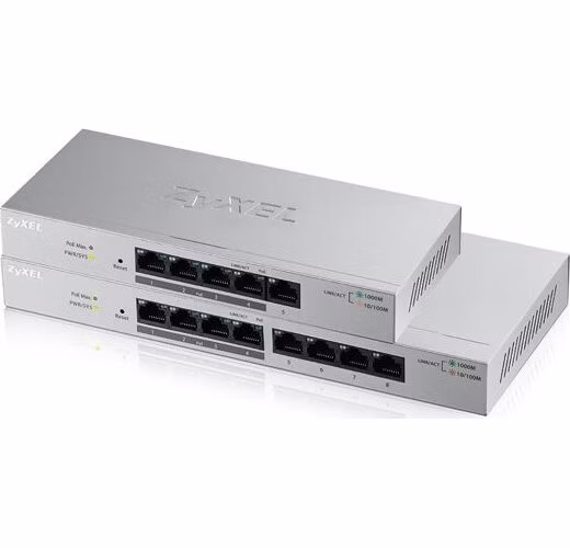 Zyxel GS1200-8HP, 8-port Desktop Gigabit Web Smart switch: 8x Gigabit metal, 4x PoE (802.3at, 30W), PoE Power budget 60W