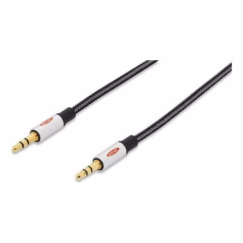 Ednet Audio propojovací kabel, stereo 3,5 mm samec/samec, 1,5 m, CCS, stíněný, bavlna, zlato, stříbrná/černá