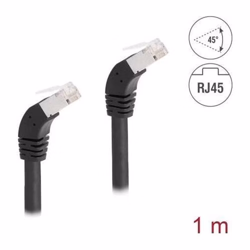 Delock Síťový kabel RJ45 Cat.6A S/FTP, zalomený dolů o 45°, 1 m, černý
