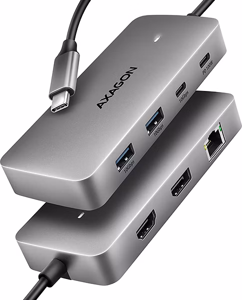 AXAGON HMC-CUB83X2, USB 10Gbps hub, 2x USB-A, USB-C, HDMI &amp; DP 4k/144Hz, RJ-45 GLAN, PD 100W, kábel USB-C 15cm