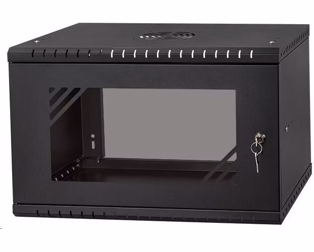 LEXI 19" nástenná skriňa Basic 6U, šírka 520 mm, hĺbka 450 mm, sklenené dvere, bez zadnej steny, čierna