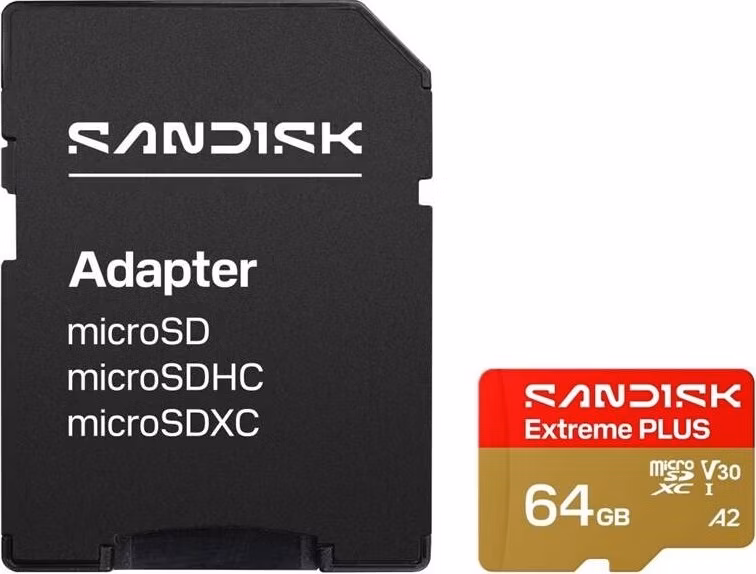 SanDisk MicroSDHC karta 64GB Extreme PLUS (R200/W90MB/s, UHS-I V30, Rescue Pro Deluxe) + adaptér