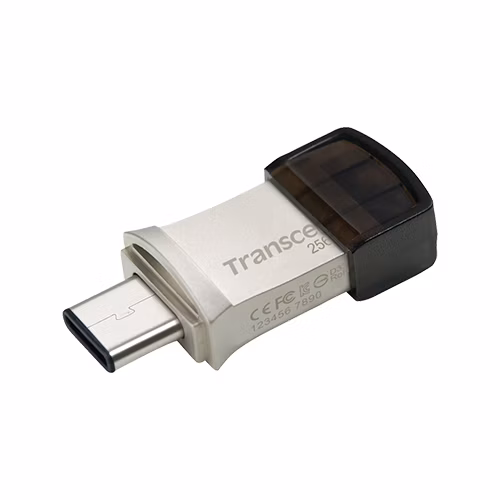 Transcend 256GB JetFlash 890, USB-C/USB 3.1 duální flash disk, malé rozměry, stříbrný kov, odolá prachu i vodě