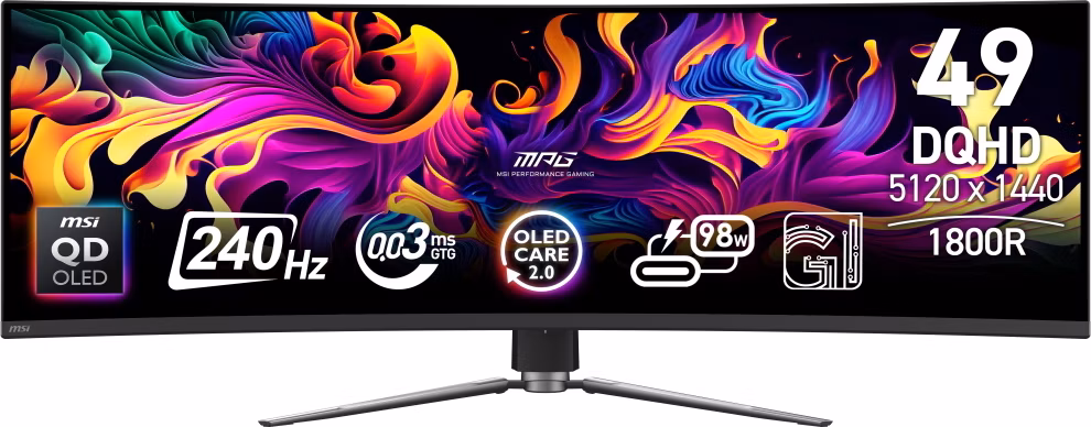 MSI Gaming MPG 491CQPX QD-OLED/ 49"/ 5120x1440/ OLED/ 0,03ms/ 240Hz/ 250cd/m2/ 1500000:1/ HDMI/ DP/ 1x USB/ VESA/ černý