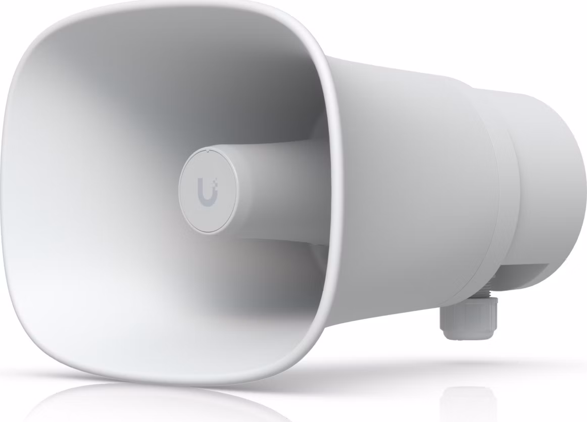 Ubiquiti UniFi AI Horn Speaker W - Venkovní reproduktor (siréna), hlasitost až 120 dB, IP66, PoE+ napájení, bílý