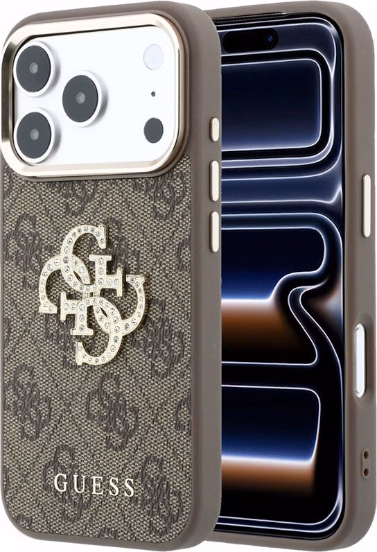Guess PU 4G Strass Metal Logo kryt iPhone 18 Pro hnedý