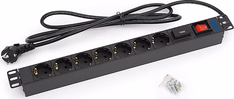 TRITON 19" distribučný panel 1U; 7 x zásuvka DIN, max. 16 A; kábel 3 x 1,5 mm, 2 m + zástrčka univerzálna CZ-DE max.16A