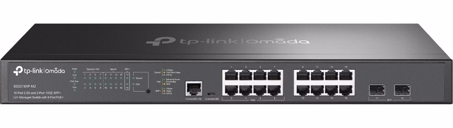 TP-Link SG3218XP-M2 Omada Switch 16x 2,5GLAN (8x Non-PoE + 8x PoE+), 2x 10G SFP+, PoE budget 240W, 1U 19"