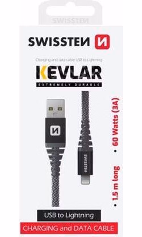 Swissten datový kabel ARAMID REINFORCED - USB / lightning 1,5 m antracit