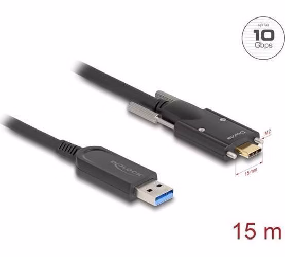 Delock Aktivní optický kabel USB 10 Gbps-A samec na USB Type-C™ samec se šrouby po stranách 15 m