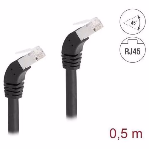 Delock Síťový kabel RJ45 Cat.6A S/FTP, zalomený dolů o 45°, 0,5 m, černý