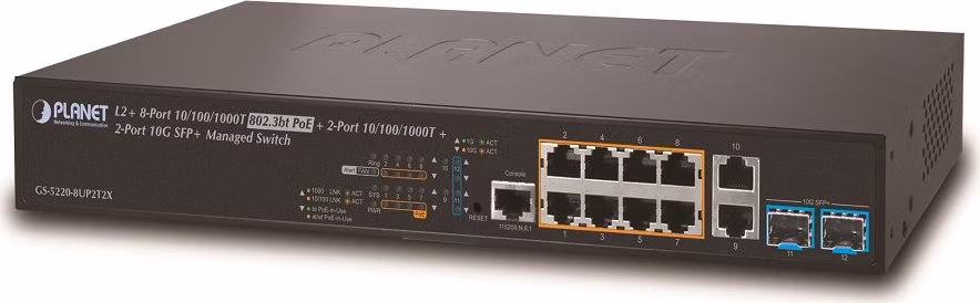 Planet GS-5220-8UP2T2X L3 switch, 10x1Gb, 2x1Gb SFP, 2x10Gb SFP+, 8x PoE 802.3bt 240W, QoS