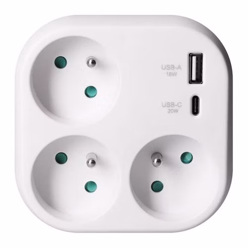 Solight rozbočovač 3x 16A, USB A+C rychlonabíjačka 20W PD, biely