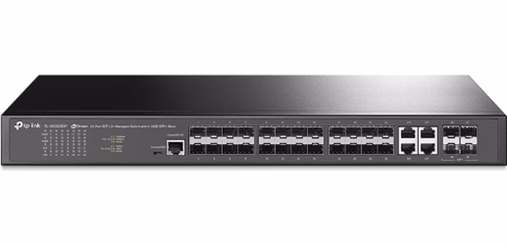 Omada 24-Port SFP L2+ Managed Switch with 4 10GE SFP+ Slots PORT: 20× Gigabit SFP Ports, 4× Gigabit SFP/RJ45 Combo Ports
