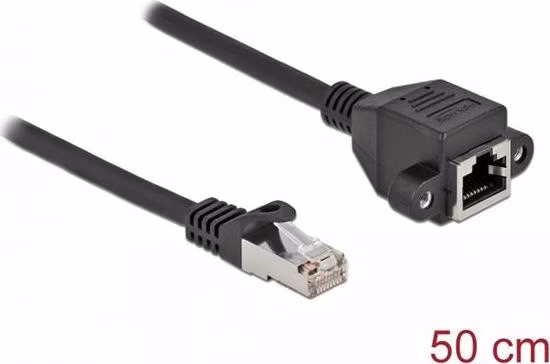 Delock Prodlužovací síťový kabel, ze zástrčky S/FTP RJ45 na zásuvku RJ45, Cat.6A, délka 50 cm, černý