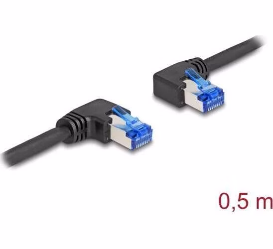 Delock Síťový kabel s konektorem RJ45 Cat.6A, S/FTP pravý / levý, pravoúhlý, délky 0,5 m, černý