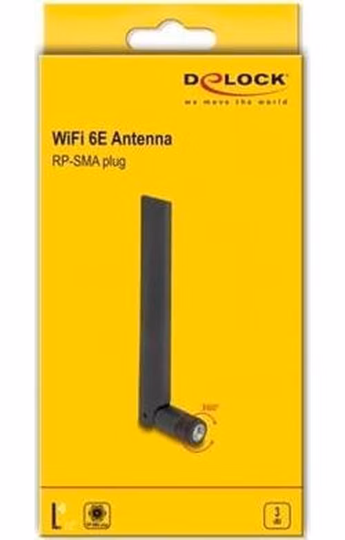 Delock WiFi 6E anténa RP-SMA samec 3 dBi všesměrová s nakloněným kloubem černá