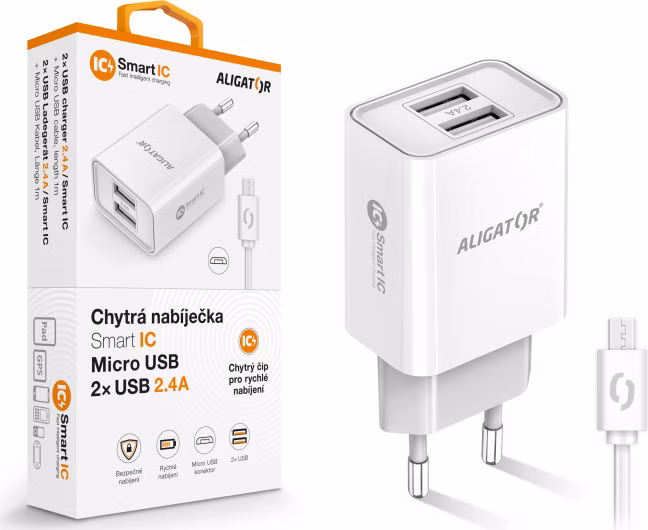 Múdra sieťová nabíjačka ALIGATOR 2,4A, 2xUSB, smart IC, biela, micro USB kábel