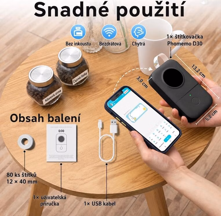 Phomemo Tiskárna štítků D30, zelená + role štítků 100 ks (12x40 mm)