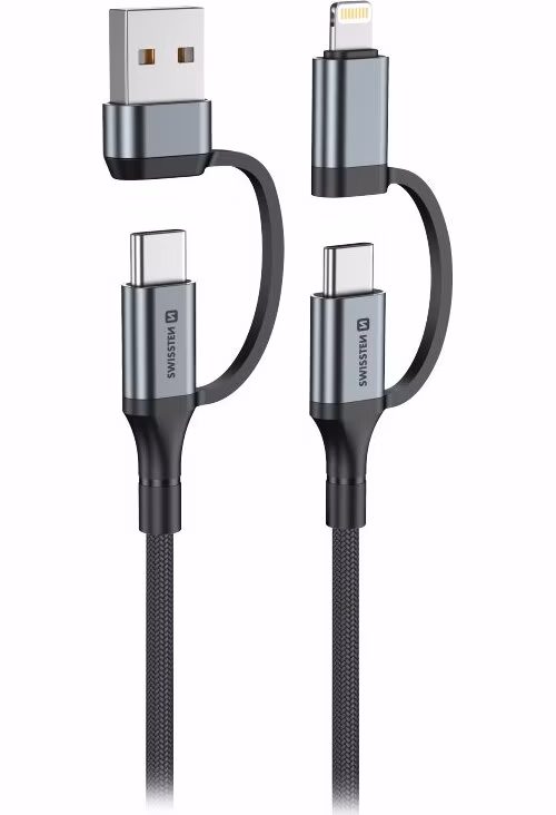Swissten textilní datový kabel 4in1, 3A, 1,5m černý