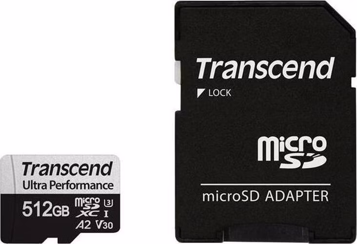 Transcend 512GB microSDXC 340S UHS-I U3 V30 A2 3D TLC (Class 10) paměťová karta (s adaptérem), 160MB/s R, 125MB/s W