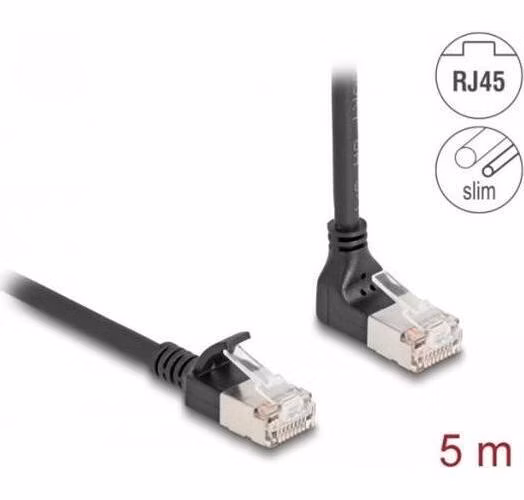 Delock Síťový kabel RJ45 Cat.6A S/FTP, Slim, zalomený nahoru o 90° / přímý, 5 m, černý