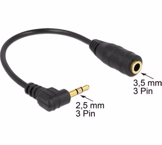 Delock audio stereo kabel 2,5 mm samec pravoúhlý na 3,5 mm samice,3 pin 14 cm