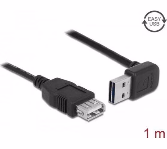 Delock Prodlužovací kabel EASY-USB 2.0 Typ-A samec pravoúhlý nahoru / dolů > USB 2.0 Typ-A samice černá 1 m