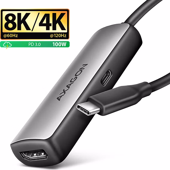AXAGON adaptér USB-C na HDMI / RVC-HI8KPD / 8K/60Hz, 4K/144Hz / HDCP 2.3 / PD 100W / 0,16m / černý