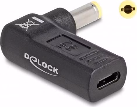 Delock Adaptér na kabel na nabíjení laptopu, ze zásuvky USB Type-C™ na zástrčku 5,5 x 2,5 mm, úhlový 90