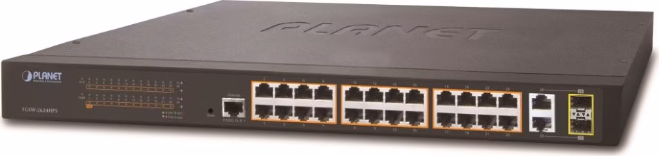 Planet FGSW-2624HPS L2 switch, 24x100Mb, 2x1Gb SFP, 24x PoE 802.3at 220W