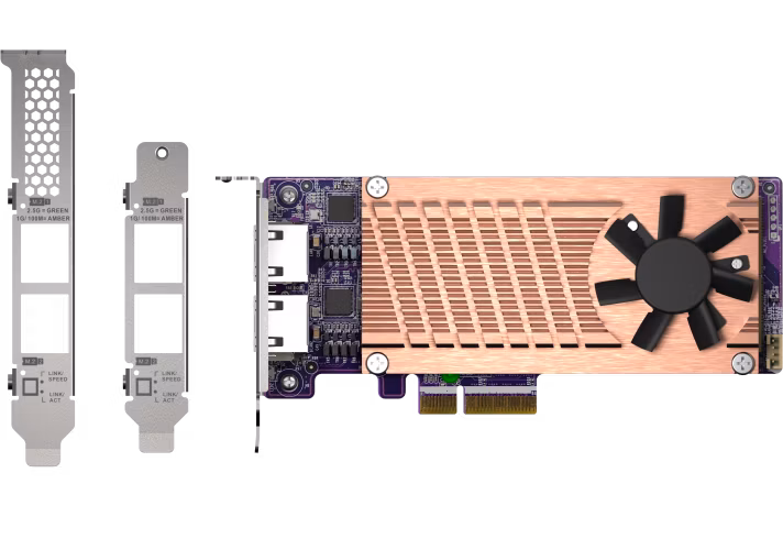 QNAP QM2 series, 2 x PCIe 2280 M.2 SSD slots, PCIe Gen3 x 4, 2 x Intel I225LM 2.5GbE NBASE-T port