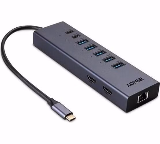 Lindy Dokovacia Stanica USB 3.1 Typ C, 2xHDMI (Dual Display), 5xUSB A 2x USB C, LAN, (PD 3.0 100W), 0.22m