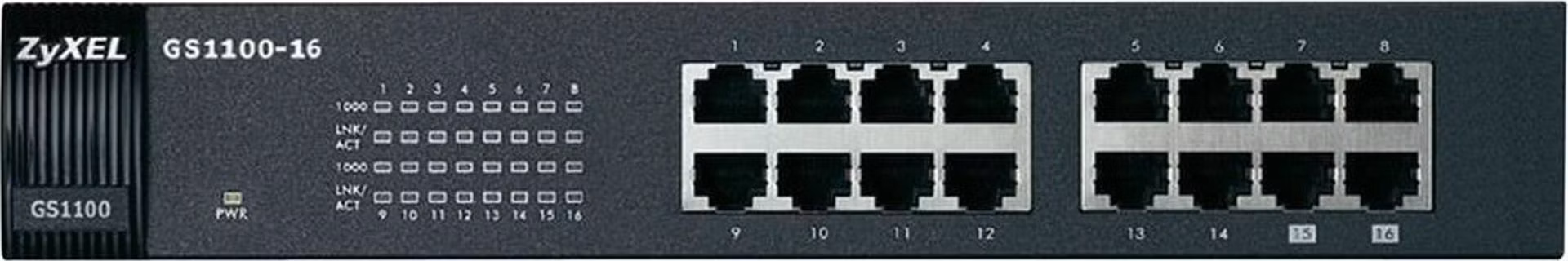 ZyXEL GS1100-16, 16-port 10/100/1000Mbps Gigabit Ethernet switch, Fanless, 802.3az (Green), desktop + rack mount kit